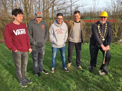 Some of the young local residents key to developing the new Skatepark mark the occasion with the Mayor, Councillor Roger Avenin and the BSTC Youth Development & Participation Worker, Graham Baker.